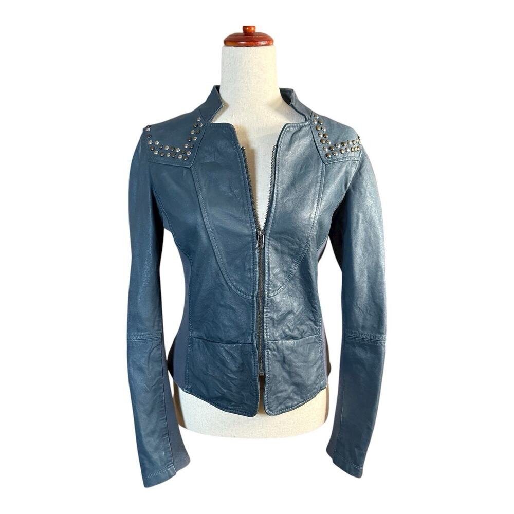 Penny Black Blue Lamb Leather Studded Jacket Size 8 | Italian | MaxMara group
